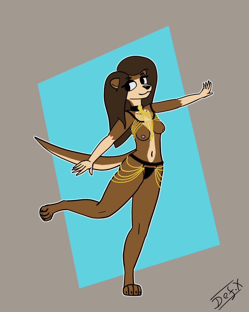 anthro breasts brown_body brown_fur brown_hair cansinodx clothing exposed_breasts female flat_colors fur hair hi_res mammal meme meme_clothing mustelid olivia_(cansinodx) otter posing_for_picture simple_background solo