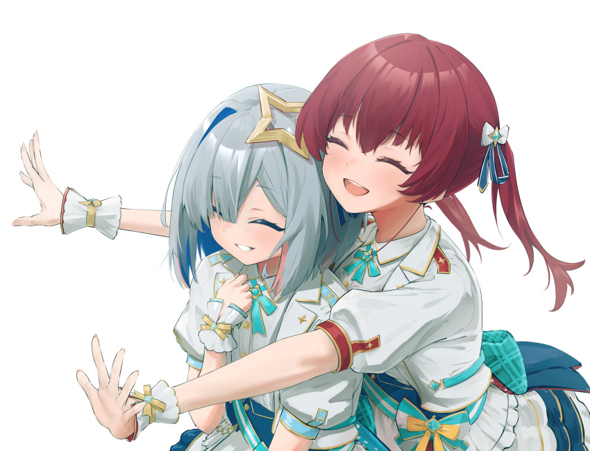 2girls :d absurdres amane_kanata aqua_ribbon asymmetrical_bangs back_bow blue_corset blue_hair bow closed_eyes collared_shirt colored_inner_hair commentary corset frilled_skirt frills gold_trim grey_hair hair_between_eyes hair_over_one_eye hair_ribbon halo hashtag_only_commentary highres hololive hololive_idol_uniform_(bright) houshou_marine hug hug_from_behind idol_clothes jacket lapels multicolored_hair multiple_girls neck_ribbon notched_lapels official_alternate_costume pink_hair puffy_short_sleeves puffy_sleeves red_hair ribbon sash_bow shhhh7 shirt short_hair short_sleeves simple_background single_hair_intake skirt smile star_halo streaked_hair twintails underbust virtual_youtuber waist_bow white_background white_jacket white_shirt white_skirt wrist_cuffs