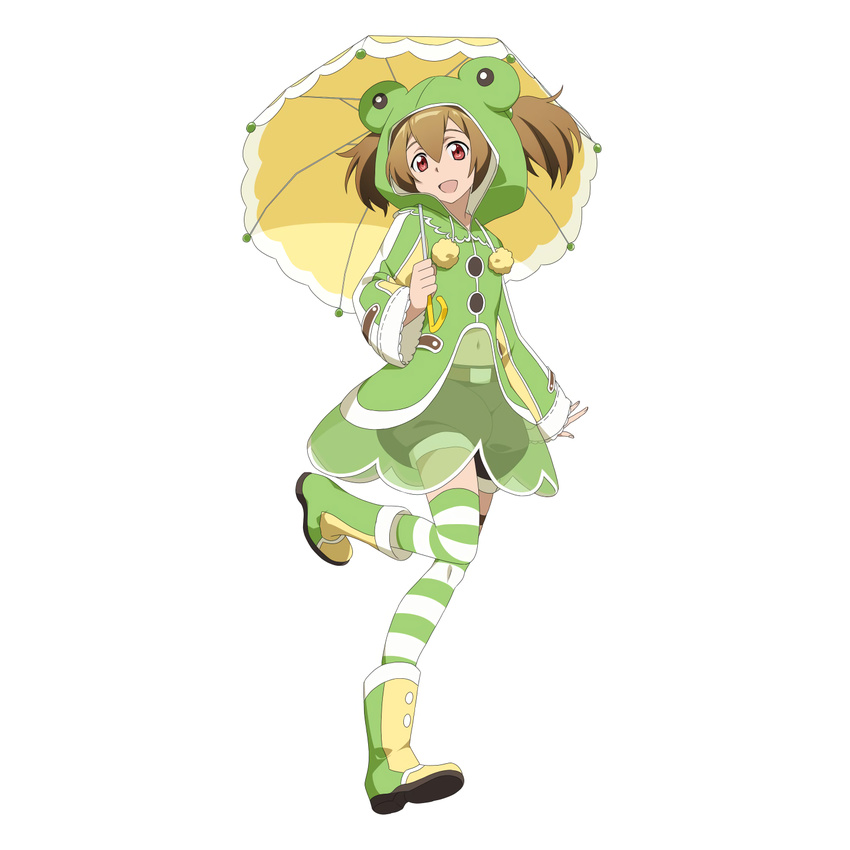 animal_ears boots brown_hair cat_ears frog_hood full_body highres holding holding_umbrella leg_up long_sleeves looking_at_viewer navel non-web_source open_mouth puffy_pants raincoat red_eyes rubber_boots see-through short_hair shorts silica silica_(sao-alo) simple_background solo striped striped_legwear sword_art_online sword_art_online:_code_register thighhighs umbrella white_background