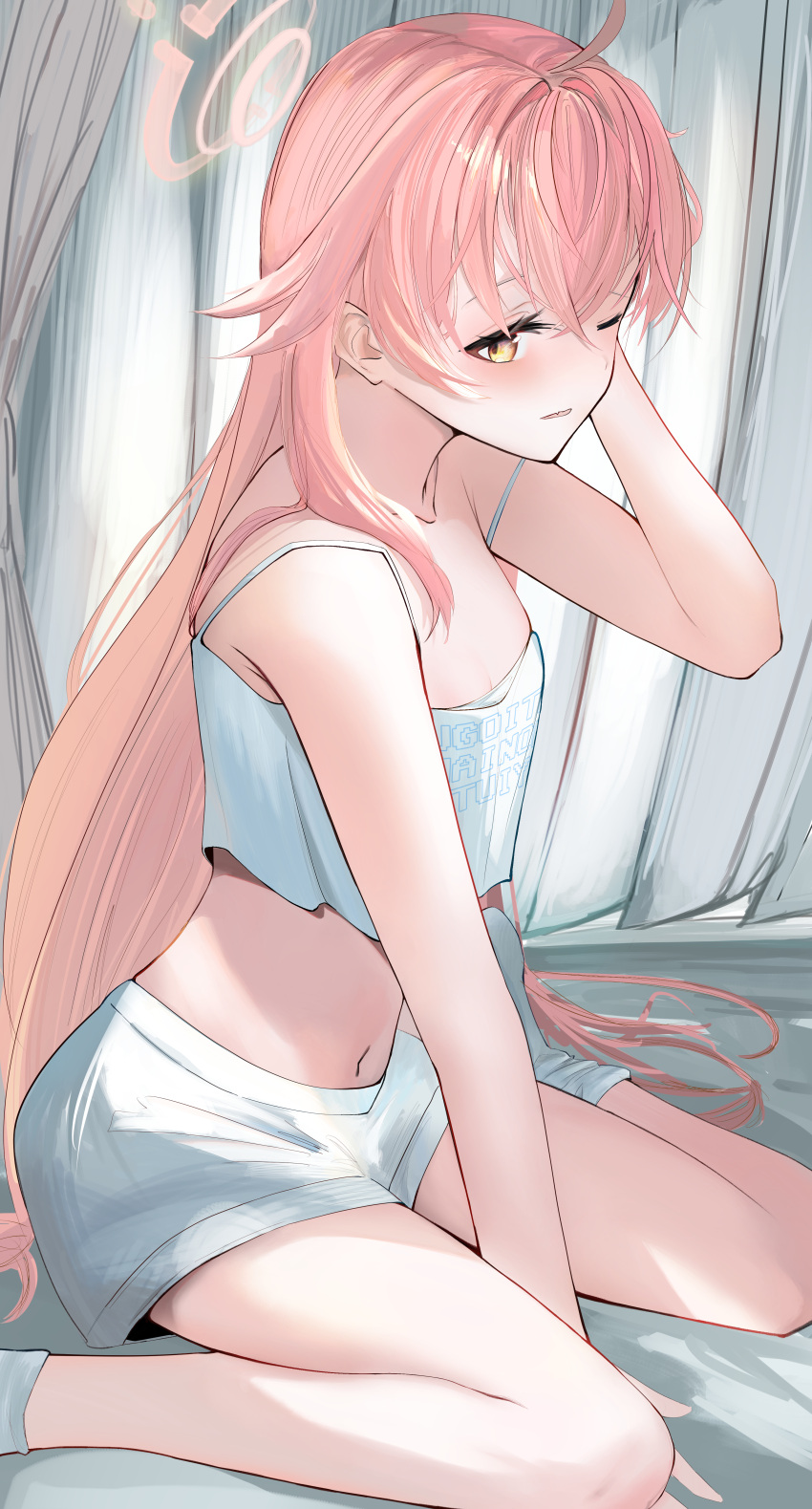 1girl ;o absurdres bare_legs blue_archive blush breasts camisole crop_top curtains halo highres hoshino_(blue_archive) indoors long_hair looking_at_viewer navel one_eye_closed pink_hair shinonome_(jugg7238) shorts sideways_glance sitting small_breasts smile socks solo very_long_hair wariza white_camisole white_shorts white_socks
