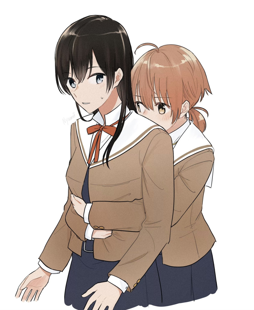 2girls ahoge arms_around_waist artist_name black_eyes black_hair blush breasts covered_mouth cowboy_shot highres hug hug_from_behind koito_yuu long_hair long_sleeves looking_at_another multiple_girls nanami_touko nyamo orange_eyes orange_hair parted_lips red_ribbon ribbon school_uniform short_hair short_twintails simple_background tohmi_higashi_high_school_uniform twintails white_background yagate_kimi_ni_naru yuri