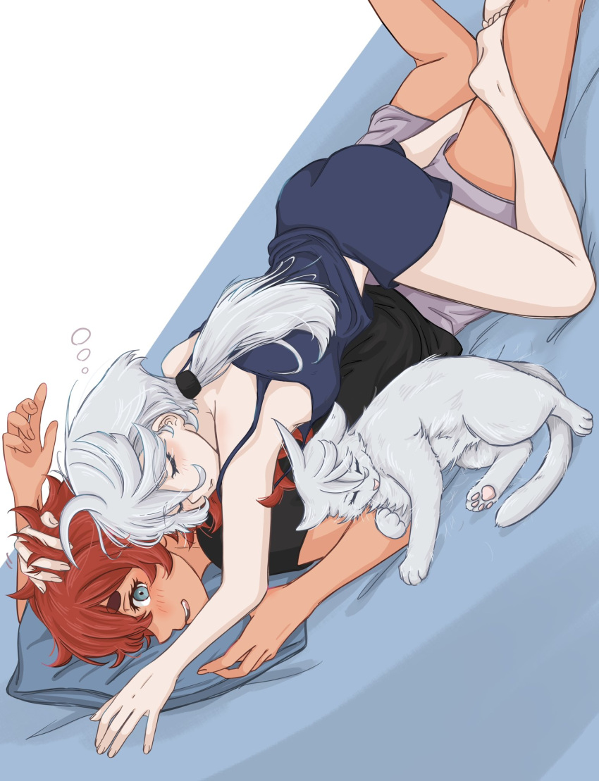 2girls ahoge animalization barefoot bed cat closed_eyes dress feet girl_on_top green_eyes gundam gundam_suisei_no_majo hand_on_another's_head highres light_blush long_hair lying miorine_rembran multiple_girls on_stomach open_mouth otsunami pillow ponytail red_hair scrunchie shirt simple_background sleeping soles suletta_mercury t-shirt teeth thick_eyebrows toes upper_teeth_only white_background white_hair yuri