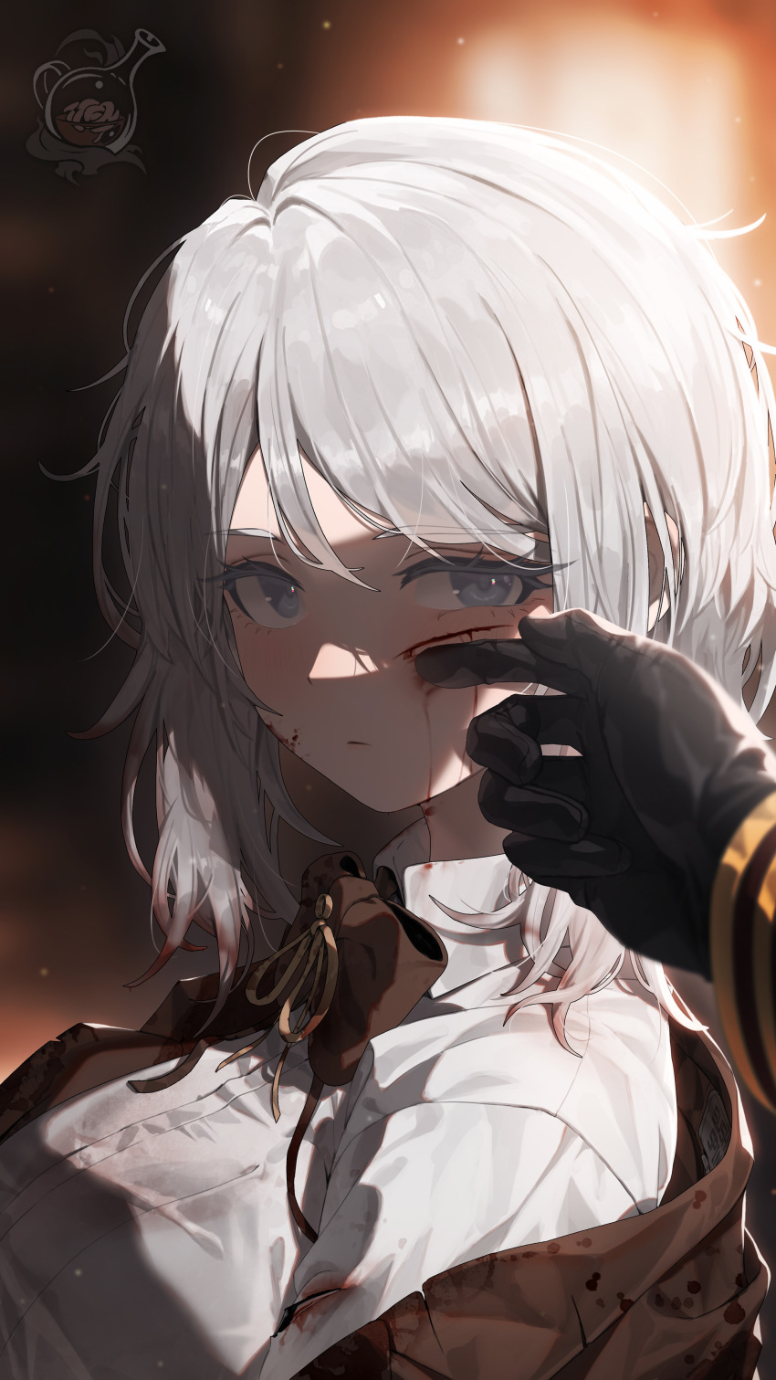 1girl 1other absurdres backlighting black_gloves blood blood_on_face blue_eyes bow bowtie breasts brown_bow brown_bowtie brown_jacket collared_shirt commentary_request dante_(limbus_company) faust_(project_moon) gloves grey_hair hair_between_eyes hand_on_another's_cheek hand_on_another's_face highres injury jacket limbus_company looking_at_viewer medium_hair off_shoulder portrait pov pov_hands project_moon shirt sidelocks sideways_glance sunlight sushispin swept_bangs white_shirt window