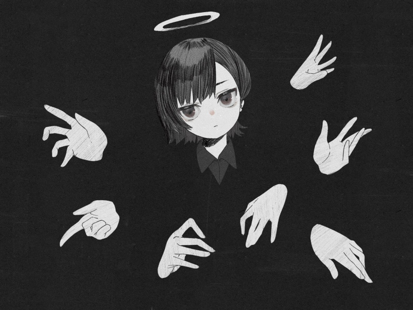 1girl \||/ blending closed_mouth collared_shirt daruma_karei disembodied_limb earrings greyscale halo hatching_(texture) head_tilt highres index_finger_raised jewelry linear_hatching looking_at_viewer monochrome open_hand original parted_bangs shadow shirt short_hair sidelocks solo straight-on