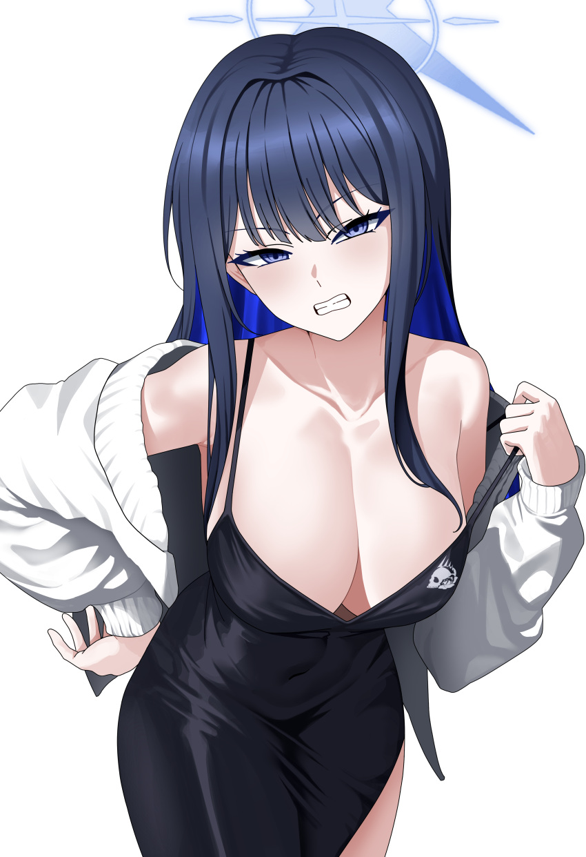 1girl absurdres alternate_costume black_dress black_hair blue_archive blue_eyes blue_hair blue_halo blush breasts cleavage clenched_teeth collarbone colored_inner_hair cowboy_shot dress halo highres jacket large_breasts leaning_forward long_hair long_sleeves looking_at_viewer multicolored_hair open_clothes open_jacket saori_(blue_archive) sidelocks simple_background solo teeth tewaki white_background white_jacket
