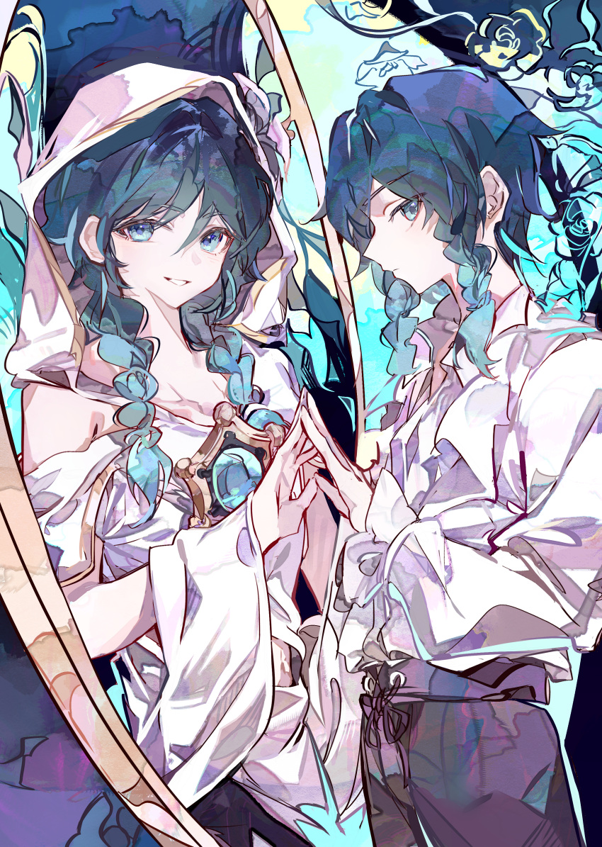 2boys absurdres androgynous black_hair black_pants blue_eyes blue_hair braid cocoballking collared_shirt commentary_request commission dress genshin_impact gradient_hair highres long_hair long_sleeves looking_at_viewer male_focus multicolored_hair multiple_boys pants pixiv_commission reflection shirt short_hair short_hair_with_long_locks sidelocks single_off_shoulder smile twin_braids twintails veil venti_(genshin_impact) white_dress white_shirt