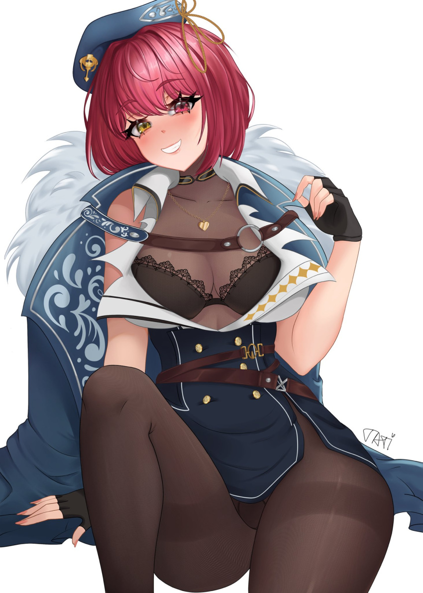 1girl arm_support benchikart beret black_bra black_gloves black_pantyhose blue_hat bra breasts cleavage coat coat_on_shoulders fingerless_gloves fur-trimmed_coat fur_trim gloves hat heart heart_necklace heterochromia highres hololive houshou_marine houshou_marine_(businesswoman) jewelry knees_up looking_at_viewer nail_polish necklace official_alternate_costume pantyhose pink_nails red_eyes red_hair see-through see-through_cleavage smile solo underwear yellow_eyes