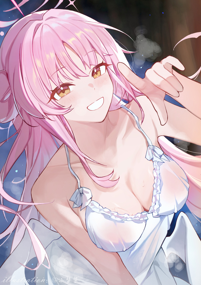 1girl absurdres artist_name blue_archive breasts camisole cleavage commentary_request hair_bun halo highres large_breasts long_hair looking_at_viewer low_wings mika_(blue_archive) no_bra pink_hair pink_halo pointing pointing_at_viewer single_side_bun sleepwear smile solo very_long_hair white_camisole white_wings wings yellow_eyes yume-dream