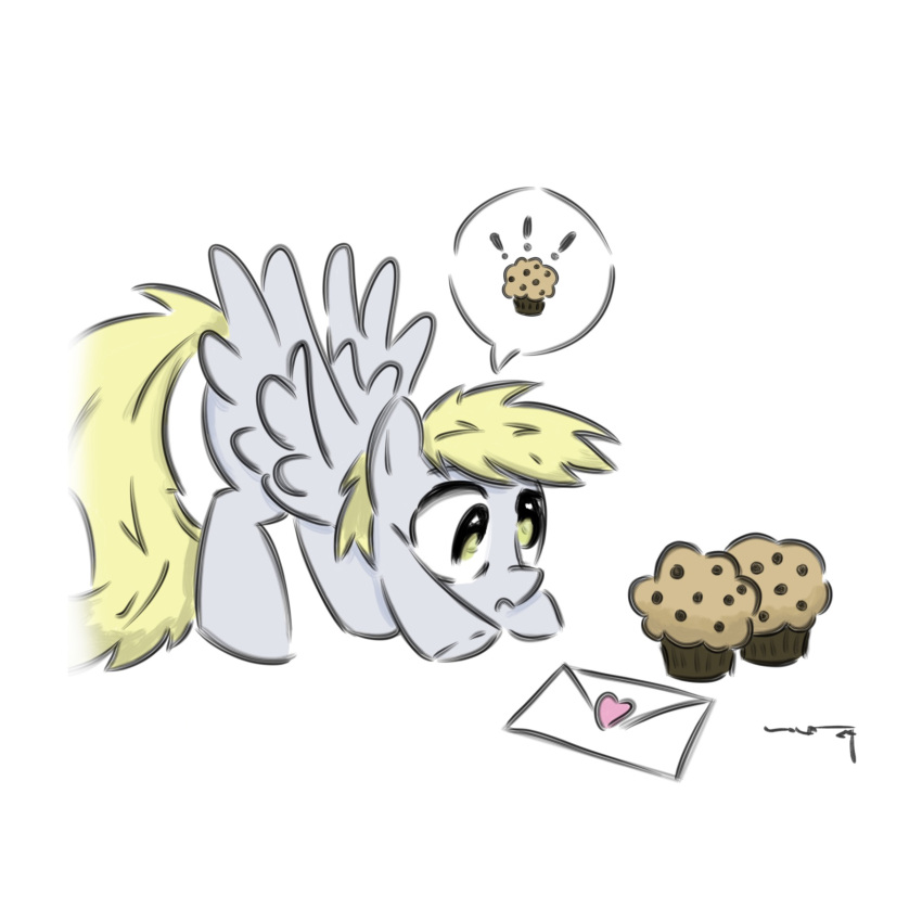 blonde_hair blonde_mane derpy_hooves_(mlp) equid equine female food friendship_is_magic fur grey_body grey_fur hair hasbro hi_res horse letter mammal mane muffin my_little_pony mythological_creature mythological_equine mythology pegasus pony simple_background solo speech_bubble tail tuskonline white_background wings yellow_eyes yellow_tail