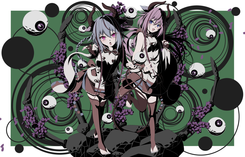 2girls :o asymmetrical_legwear asymmetrical_sleeves bare_shoulders black_thighhighs blue_eyes blue_hair blue_nails blush border braid bridal_legwear commentary empty_eyes eyeball flower foreshortening green_background highres holding horns japanese_clothes leaning_forward long_hair looking_at_another looking_at_viewer meika_hime meika_mikoto mismatched_legwear multiple_girls neck_ribbon open_mouth outside_border pink_eyes pink_hair pink_nails pleated_skirt plum_blossoms purple_flower reaching reaching_towards_viewer red_skirt red_thighhighs ribbon shirt skirt smile standing standing_on_one_leg thighhighs very_long_hair vocaloid white_border white_ribbon white_shirt white_sleeves yakatora