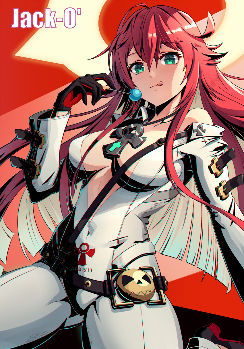 1girl absurdres ankh_necklace ankh_print ass_visible_through_thighs bell-bottoms belt black_gloves bodysuit breasts broken_halo candy cleavage collarbone colored_inner_hair compass_rose_halo food front_slit gloves green_eyes grey_mask guilty_gear guilty_gear_strive hair_between_eyes halo highres holding holding_candy holding_food holding_lollipop jack-o'_valentine kumo33 large_breasts lollipop long_hair long_sleeves multicolored_hair pants red_hair single_bare_shoulder skull_belt solo studded_belt too_many too_many_belts two-tone_hair very_long_hair white_bodysuit white_hair