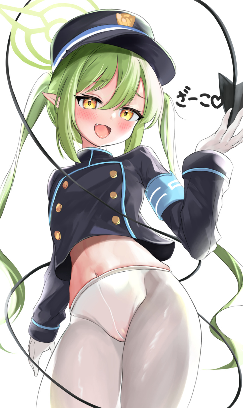 1girl black_hat black_jacket black_tail blue_archive blush buttons cowboy_shot demon_tail double-breasted fang gloves green_hair green_halo hair_between_eyes halo hat highlander_twintails_conductor_(blue_archive) highres jacket long_hair long_sleeves looking_at_viewer navel no_pants open_mouth pantyhose peaked_cap pointy_ears shiki_samapoke simple_background smile solo tail twintails white_background white_gloves white_pantyhose yellow_eyes