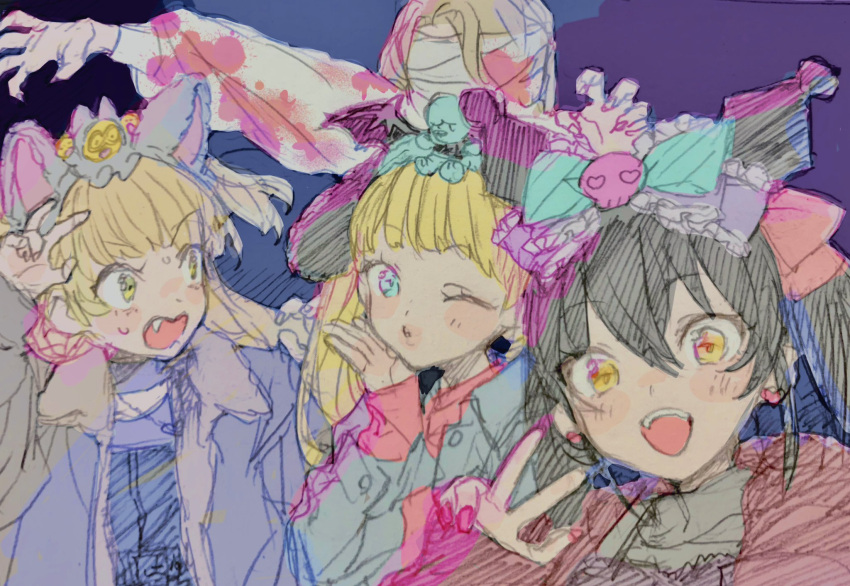 1other 3girls animal_ears black_hair blonde_hair blood blood_on_clothes blue_eyes bow earrings fake_animal_ears fang gacho_p hair_bow halloween_costume highres idolmaster idolmaster_cinderella_girls jewelry jougasaki_rika long_hair looking_at_viewer mary_cochran matoba_risa multiple_girls mummy_costume one_eye_closed open_mouth puckered_lips scared selfie sketch smile sweat upper_body v yellow_eyes