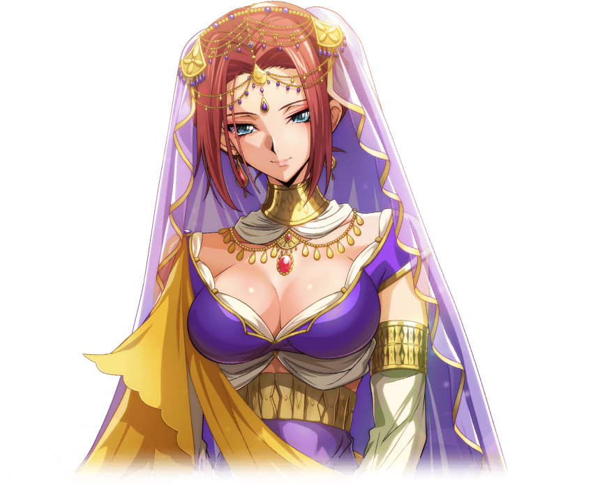 1girl arabian_clothes artist_request blue_eyes blue_gemstone breasts brooch cleavage closed_mouth code_geass code_geass:_lost_stories crop_top cropped_torso earrings elbow_gloves eyeshadow game_cg gem gloves gold hair_intakes half-closed_eyes happy headpiece high-waist_skirt jewelry kouzuki_kallen large_breasts looking_at_viewer makeup neck_ring necklace non-web_source official_art purple_shirt purple_skirt red_eyeshadow red_gemstone red_hair sash see-through shiny_skin shirt short_hair short_sleeves sidelocks simple_background skirt smile solo standing transparent_background upper_body veil white_gloves