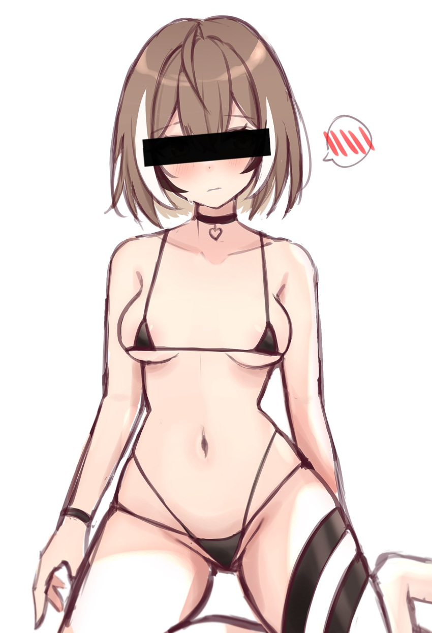 1girl alternate_costume alternate_hair_length alternate_hairstyle bikini black_bikini black_choker black_hair blush breasts brown_hair choker closed_mouth covered_eyes cropped_legs english_commentary highres hololive hololive_english m_r_b medium_breasts micro_bikini multicolored_hair nanashi_mumei navel simple_background sitting solo spoken_blush stomach streaked_hair swimsuit virtual_youtuber white_background white_hair yokozuwari