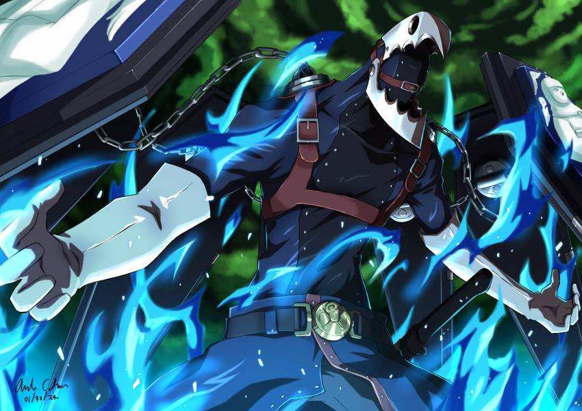 absurdres belt belt_buckle black_coat blue_fire buckle chain cloud cloudy_sky coat coffin commentary dated elbow_gloves english_commentary fire gloves green_sky highres holster innovator123 night night_sky no_humans open_hands persona persona_(summon) persona_3 shoulder_holster shoulder_pads signature sky sword thanatos_(persona) upper_body weapon white_gloves