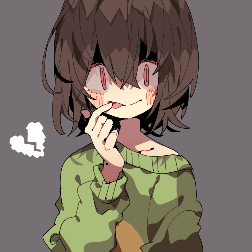 1other arm_at_side blush broken_heart brown_hair chara_(undertale) child closed_mouth collarbone finger_to_mouth green_sweater grey_background hair_between_eyes heart highres long_sleeves looking_at_viewer nikorashi-ka no_eyebrows no_nose partially_shaded_face red_eyes short_hair smile straight-on striped_clothes striped_sweater sweater tongue tongue_out undertale upper_body yellow_sweater