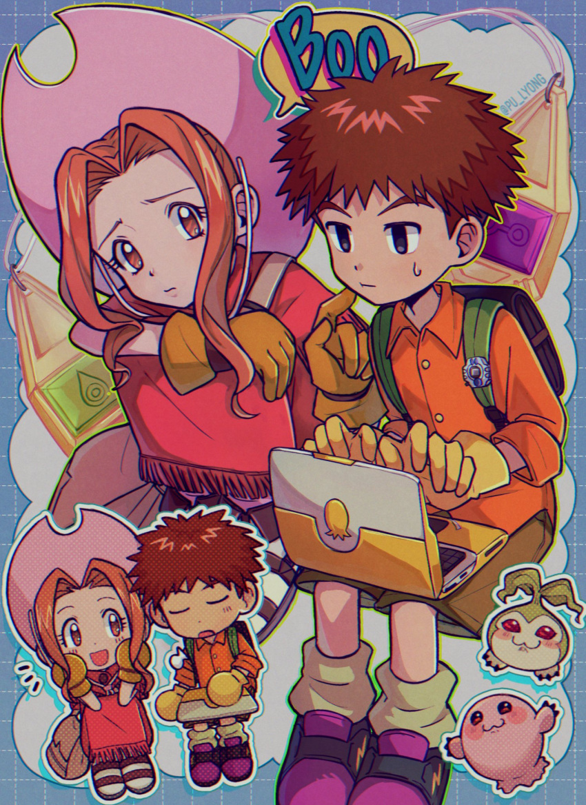 backpack bag brown_eyes computer digimon digimon_(creature) digimon_adventure digivice dress gloves highres invisible_chair izumi_koshiro laptop mochimon pink_hat pu_lyong purple_footwear red_dress shorts sitting tachikawa_mimi