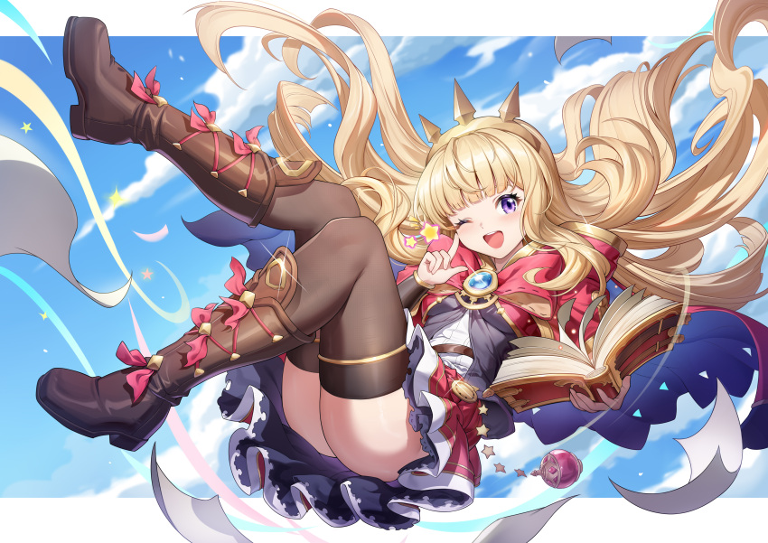 1girl :d absurdres ass black_footwear black_thighhighs blonde_hair blue_sky blush book boots brooch cagliostro_(granblue_fantasy) cape cloud cloudy_sky day finger_to_eye floating floating_hair full_body glint granblue_fantasy hair_spread_out hairband highres holding holding_book index_finger_raised jewelry knee_boots knees_together_feet_apart letterboxed long_hair looking_at_viewer miniskirt one_eye_closed open_book open_mouth outdoors petticoat pleated_skirt purple_cape purple_eyes red_cape red_skirt shenqi_xiao_hong_zai_nali shirt sidelocks skirt sky smile solo spiked_hairband spikes teeth thighhighs two-sided_cape two-sided_fabric upper_teeth_only white_shirt