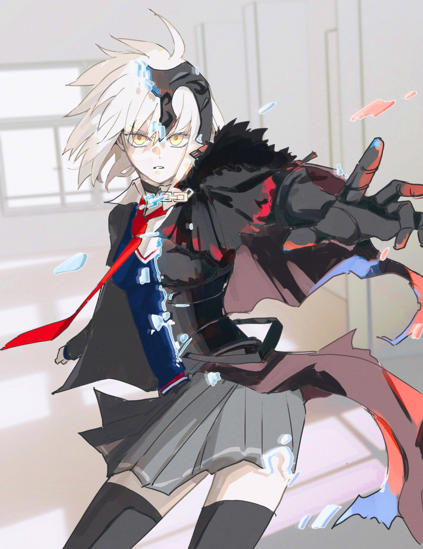 1girl black_choker black_jacket black_thighhighs chain choker fate/grand_order fate_(series) gauntlets grey_hair grey_skirt highres jacket jeanne_d'arc_alter_(avenger)_(fate) jeanne_d'arc_alter_(fate) ki_wa001 necktie red_necktie school_uniform skirt thighhighs transformation yellow_eyes