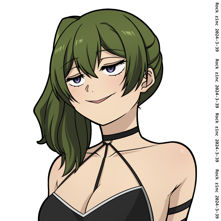 1girl artist_name bare_shoulders between_breasts black_choker black_dress breasts choker cleavage collarbone commentary_request dated dress green_hair hair_between_eyes highres medium_breasts parted_lips purple_eyes rock_zinc side_ponytail simple_background smug solo sousou_no_frieren ubel_(sousou_no_frieren) upper_body white_background