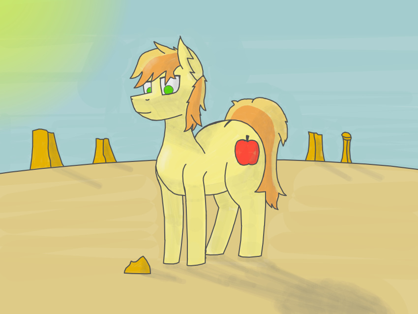 absurd_res big_butt blonde_hair braeburn_(mlp) butt cutie_mark desert digital_media_(artwork) dirt earth_pony equid equine feral friendship_is_magic green_eyes hair hasbro hi_res hooves horizon horse kokopingas98 landscape looking_down male mammal mane mesa_(landscape) my_little_pony orange_hair orange_tail pony quadruped red_hair rock shadow sky skyscape smile smirk solo tail yellow_body yellow_tail