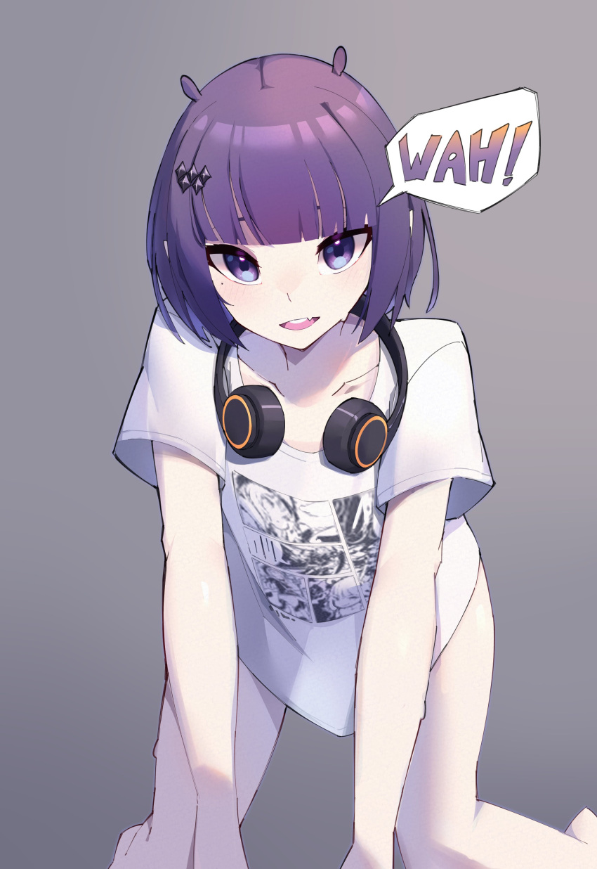 1girl absurdres all_fours blunt_bangs feet_out_of_frame goat_king gradient_background grey_background hair_ornament hairclip highres hololive hololive_english looking_at_viewer medium_hair naked_shirt ninomae_ina'nis open_mouth purple_eyes purple_hair shirt short_sleeves solo speech_bubble virtual_youtuber white_shirt