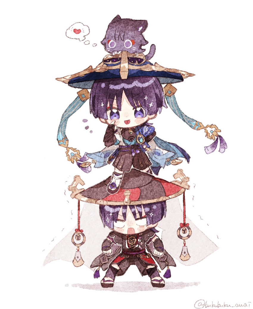 2boys :p akanbe animal_on_head armor artist_name black_footwear black_shirt black_shorts blank_eyes blue_cape blue_hat blue_ribbon blunt_ends blush blush_stickers bridal_gauntlets cape cat cat_on_head chibi choppy_bangs commentary_request eyelid_pull genshin_impact hand_up hat hat_ribbon heart highres jacket japanese_armor jingasa kote kurokote looking_at_viewer male_focus multiple_boys nekorune_(bukubuku_awai) on_head open_clothes open_jacket open_mouth parted_bangs purple_eyes purple_hair purple_sash red_hat ribbon rope sandals sash scaramouche_(cat)_(genshin_impact) scaramouche_(genshin_impact) shirt short_hair short_sleeves shorts simple_background sleeveless sleeveless_shirt smile sparkle standing tassel thought_bubble tongue tongue_out trembling twitter_username v-shaped_eyebrows veil vision_(genshin_impact) wanderer_(genshin_impact) white_background white_jacket wide_sleeves
