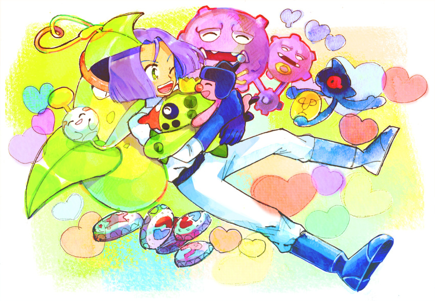 1boy belt cacnea chimecho fon-due_(fonfon) green_eyes heart holding holding_pokemon james_(pokemon) male_focus mime_jr. one_eye_closed open_mouth pokemon pokemon_(anime) pokemon_(creature) purple_hair short_hair team_rocket team_rocket_uniform teeth traditional_media victreebel weezing yamask