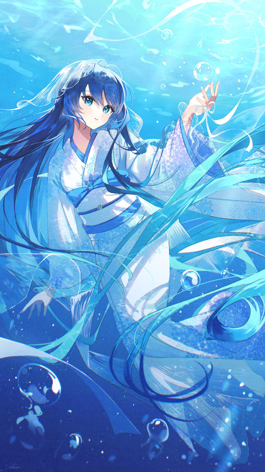 1girl absurdres air_bubble aqua_eyes blue_hair bubble commentary han'eri highres japanese_clothes kimono long_hair long_sleeves looking_at_viewer obi obiage obijime original parted_lips sash solo toumin_(onemunemu99) underwater very_long_hair white_kimono wide_sleeves
