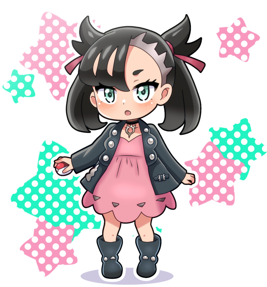 1girl :o asymmetrical_bangs black_footwear black_hair black_jacket blush boots chibi commentary_request dress eyelashes full_body green_eyes hair_ribbon highres hitokiwa_kenchin holding holding_poke_ball jacket long_sleeves looking_at_viewer marnie_(pokemon) open_clothes open_jacket open_mouth pink_dress poke_ball poke_ball_(basic) pokemon pokemon_swsh ribbon solo standing twintails
