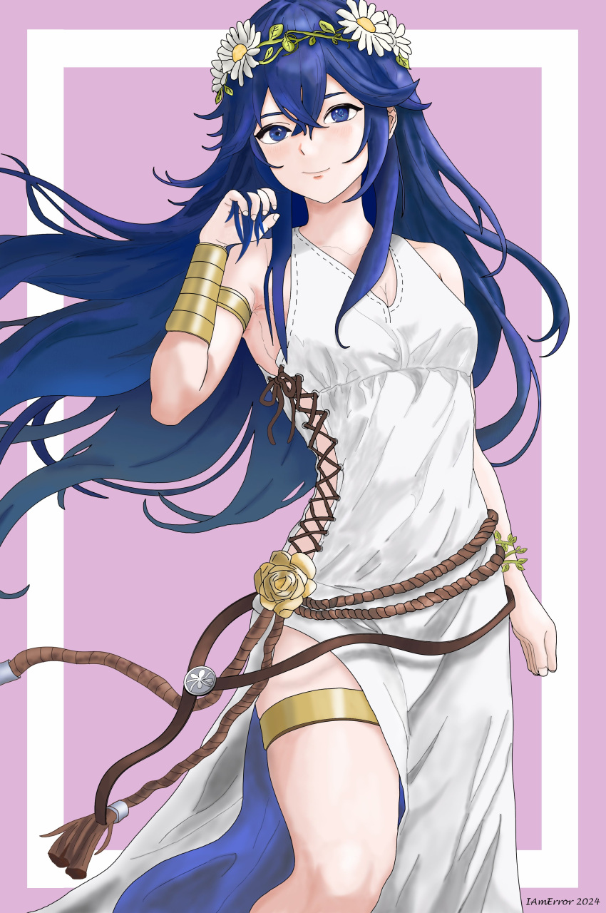 1girl absurdres armlet artist_name bare_shoulders blue_eyes blue_hair bracelet brand_of_the_exalt closed_mouth dress english_commentary fire_emblem fire_emblem_awakening fire_emblem_heroes flower hair_between_eyes hair_flower hair_ornament hand_in_own_hair highres iamerror14 jewelry long_hair looking_at_viewer lucina_(fire_emblem) lucina_(valentine)_(fire_emblem) official_alternate_costume sleeveless sleeveless_dress solo symbol_in_eye thighlet white_dress