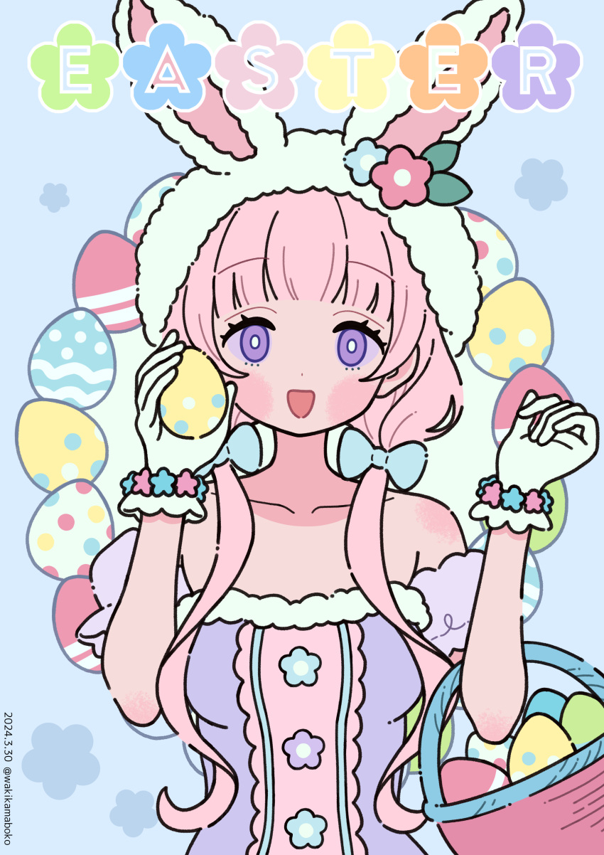 1girl :d absurdres animal_ears bare_shoulders basket blue_background blue_bow bow breasts collarbone commentary dated dress easter easter_egg egg fake_animal_ears food hair_bow hair_over_shoulder hands_up highres holding holding_food long_hair low_twintails medium_breasts neki_(wakiko) original pink_hair puffy_short_sleeves puffy_sleeves purple_dress purple_eyes purple_sleeves rabbit_ears short_sleeves smile solo twintails twitter_username very_long_hair