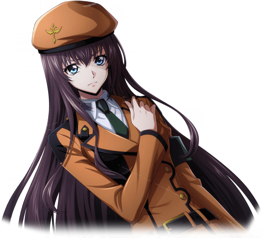 1girl arm_at_side armband artist_request belt beret blue_eyes brown_hair buttons closed_mouth code_geass code_geass:_lost_stories collared_shirt cropped_torso dutch_angle game_cg green_necktie hair_between_eyes hand_on_own_chest hand_up hat jacket long_hair long_sleeves maya_disel necktie non-web_source official_art orange_hat orange_jacket serious shirt sidelocks simple_background solo standing transparent_background upper_body v-shaped_eyebrows white_shirt