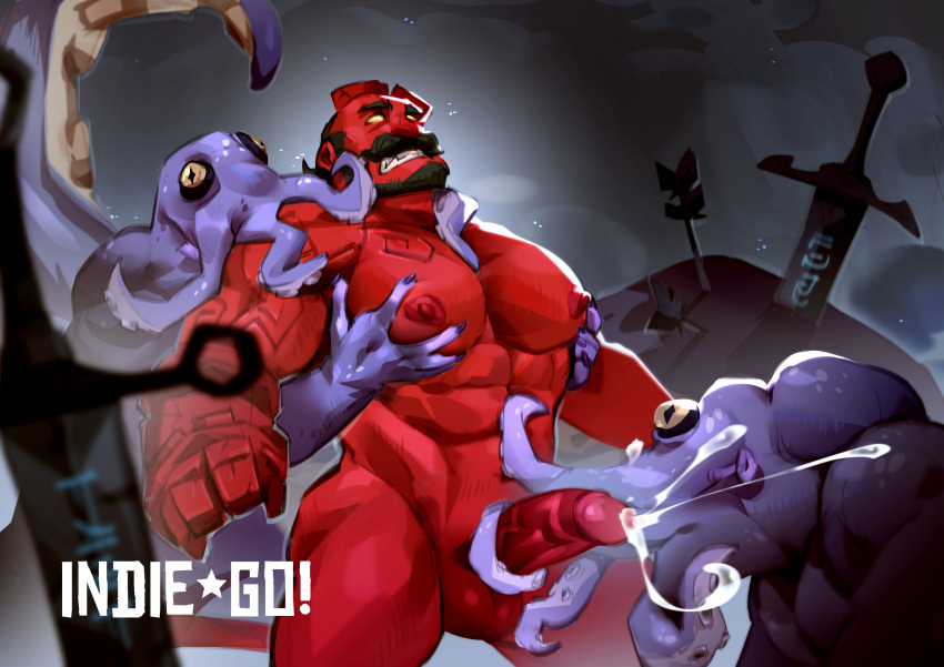 1boy absurdres after_battle alternate_facial_hair arts_of_indiego bald_spot bara beard blank_eyes broken_horn clenched_teeth colored_skin completely_nude cowboy_shot cum demon_boy facial_hair full_beard gauntlets girthy_penis grabbing grabbing_from_behind handjob hellboy hellboy_(comic) highres horns large_pectorals male_focus mature_male monster monster_boy muscular muscular_male nipples nude octopus pectoral_grab pectorals penis planted planted_sword projectile_cum red_skin solo_focus strongman_waist sword teeth tentacles tentacles_on_male thick_thighs thighs uncensored weapon
