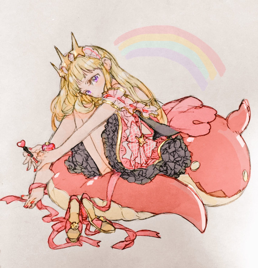 1girl barefoot blonde_hair blush cagliostro_(granblue_fantasy) dress expressionless frilled_dress frills gacho_p granblue_fantasy high_heels highres long_hair looking_at_viewer nail_polish nail_polish_bottle painting_nails purple_eyes rainbow red_nails ribbon shoes sitting solo stuffed_toy tiara toenail_polish toenails toes unworn_shoes