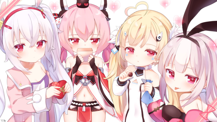 4girls :p :t ahoge animal_ears azur_lane bangs bare_shoulders black_gloves black_hairband black_ribbon blonde_hair box breasts bunny_ears camisole character_name chocolate cleavage closed_mouth commentary_request covered_mouth detached_sleeves dress eldridge_(azur_lane) eyebrows_visible_through_hair fingerless_gloves food gift gift_box gloves hair_between_eyes hair_ribbon hairband hamakaze_(azur_lane) headgear heart heart-shaped_box heart_ahoge hobby_(azur_lane) holding holding_food holding_gift jacket koko_ne_(user_fpm6842) laffey_(azur_lane) long_hair long_sleeves multiple_girls navel off_shoulder on_head pelvic_curtain pink_hair pink_jacket puffy_long_sleeves puffy_sleeves red_eyes red_hairband ribbon silver_hair simple_background sleeveless sleeveless_dress small_breasts tongue tongue_out twintails very_long_hair white_background white_camisole white_dress white_sleeves wide_sleeves