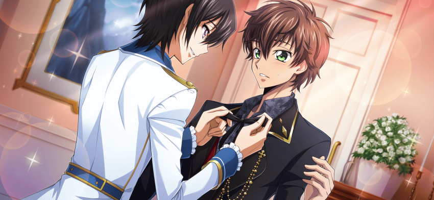 2boys adjusting_another's_clothes arm_at_side artist_request black_hair black_jacket black_ribbon blurry blush bokeh brown_hair candle code_geass code_geass:_lost_stories collared_shirt depth_of_field door dutch_angle eye_contact flower game_cg gold_trim green_eyes grey_shirt hair_between_eyes hand_up hands_up happy highres indoors jacket kururugi_suzaku lelouch_vi_britannia light_blush long_sleeves looking_at_another male_focus multiple_boys neck_ribbon non-web_source official_art painting_(object) parted_lips picture_frame plant potted_plant purple_eyes ribbon rose shirt short_hair sidelocks smile sparkle standing sweat teeth upper_body white_flower white_jacket white_rose