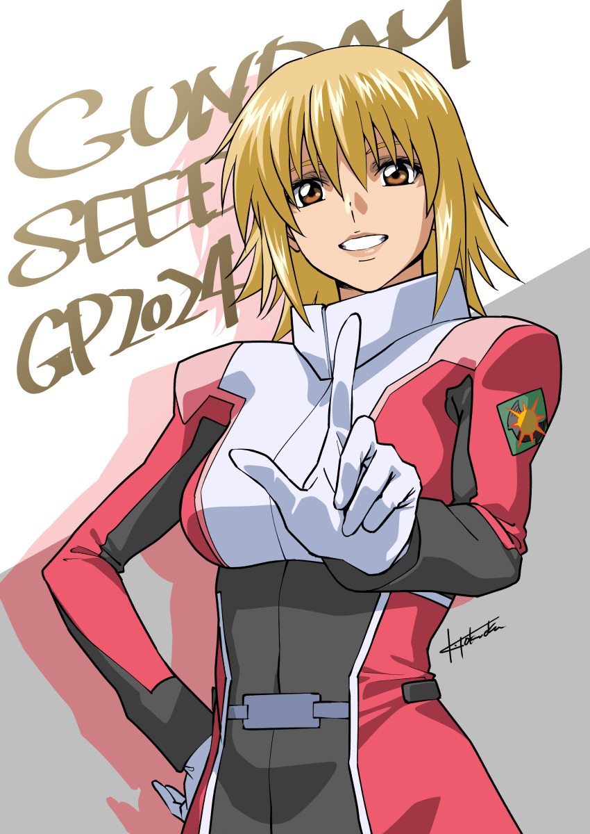 1girl 2024 absurdres blonde_hair cagalli_yula_athha copyright_name gundam gundam_seed gundam_seed_freedom hand_on_own_hip highres looking_at_viewer pilot_suit pointing pointing_up posing short_hair signature smile solo tokuoka_kouhei yellow_eyes