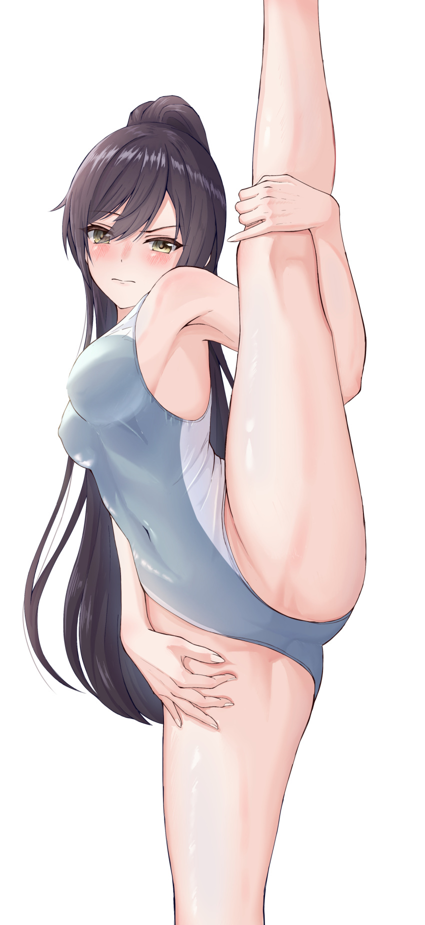 1girl absurdres bare_shoulders black_hair blush breasts commission covered_navel covered_nipples groin groin_tendon hair_between_eyes high_ponytail highleg highleg_swimsuit highres holding_leg idolmaster idolmaster_shiny_colors john_kelly long_hair medium_breasts one-piece_swimsuit pixiv_commission ponytail shirase_sakuya solo split standing standing_on_one_leg standing_split swimsuit thighs yellow_eyes
