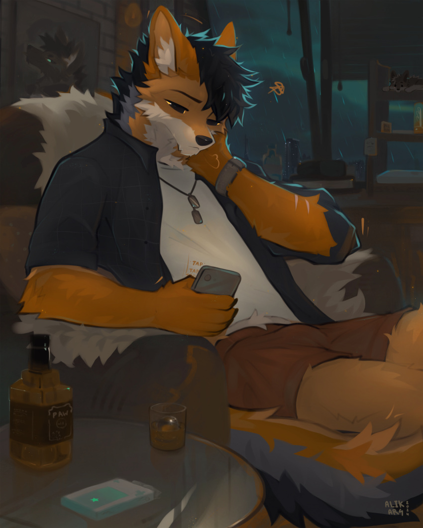 2024 alcohol alikars anthro beverage bulge canid canine clothing detailed_bulge digital_media_(artwork) electronics fluffy fox fur furniture hair hi_res inner_ear_fluff inside jewelry male mammal narrowed_eyes necklace neutral_expression onomatopoeia orange_body orange_fur phone radal scar shirt sitting sofa solo sound_effects t-shirt table tail text topwear tuft underwear