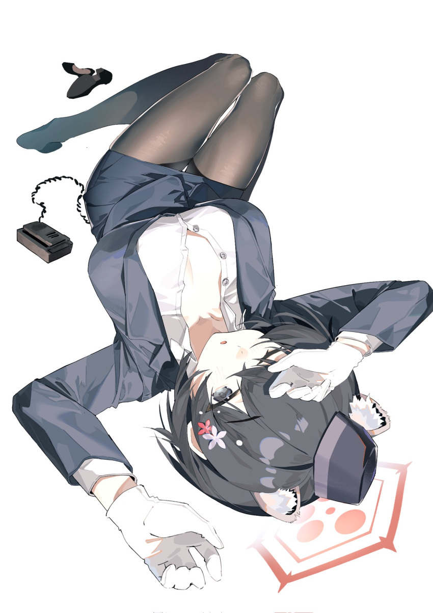 1girl animal_ear_fluff animal_ears b_zhan_cm_yang black_eyes black_hair black_hat black_pantyhose black_skirt blue_archive blush breasts buttons collared_shirt extra_ears gloves hair_between_eyes halo hat highres large_breasts long_sleeves official_alternate_costume one_eye_closed open_mouth pantyhose red_halo shirt short_hair simple_background skirt solo tour_guide tsubaki_(blue_archive) tsubaki_(guide)_(blue_archive) white_background white_gloves white_shirt