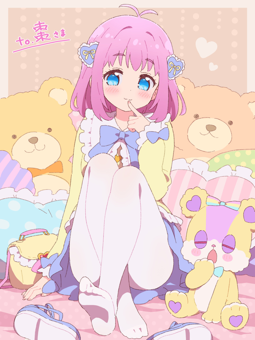 1girl absurdres amauri_miruki antenna_hair bad_id bad_pixiv_id blue_bow blue_eyes blue_ribbon blue_skirt blush bow closed_mouth crossed_ankles finger_to_mouth frilled_shirt_collar frills full_body hair_ornament hand_up hanitan hanitan_(bear) heart heart-shaped_pillow heart_hair_ornament highres ikzw index_finger_raised knees_up long_sleeves looking_at_viewer neck_ribbon no_shoes pantyhose pillow pink_hair pretty_series ribbon shirt shoes short_hair sitting skirt smile solo stuffed_animal stuffed_toy teddy_bear unworn_shoes waccha_primagi! white_pantyhose yawning yellow_bag yellow_shirt