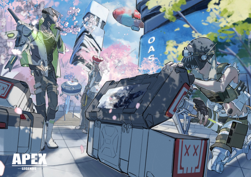 1girl 2boys aircraft apex_legends aviator_cap balisong black_gloves black_hair black_hat black_pants black_vest boots butterfly_knife_(apex_legends) cherry_blossoms copyright_name crypto_(apex_legends) d.o.c._health_drone death_box_(apex_legends) dirigible double_bun gloves goggles hack_(apex_legends) hair_bun highres in-universe_location jewelry knife lifeline_(apex_legends) looking_up mask mouth_mask multiple_boys necklace non-humanoid_robot octane_(apex_legends) olympus_(apex_legends) open_hand pants partially_fingerless_gloves red_hair robot tree vest watashida white_footwear