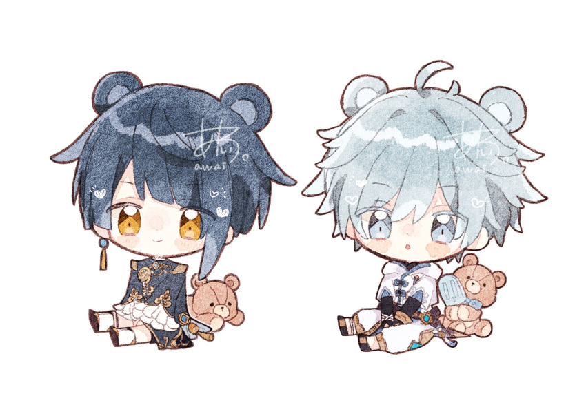 2boys :o ahoge animal_ears artist_name bandaged_arm bandaged_leg bandages bear_ears black_footwear black_gloves blue_coat blue_eyes blue_hair blunt_bangs blush blush_stickers boots chibi chongyun_(genshin_impact) closed_mouth coat colored_eyelashes commentary_request earrings elbow_gloves food frilled_sleeves frills genshin_impact gloves hair_between_eyes heart highres hood hood_down hoodie jewelry long_sleeves looking_at_viewer male_focus multiple_boys nekorune_(bukubuku_awai) open_mouth pants parted_bangs popsicle shoes short_hair short_sleeves sidelocks signature simple_background single_earring sitting smile stuffed_animal stuffed_toy teddy_bear vision_(genshin_impact) white_background white_footwear white_hoodie white_pants wide_sleeves xingqiu_(genshin_impact) yellow_eyes