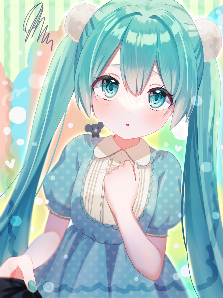 1girl :o aqua_dress aqua_eyes aqua_hair aqua_nails blush collared_dress commentary_request dress hair_between_eyes hair_ornament hand_on_own_chest hatsune_miku highres ichigo_daifuku_(ichigo1923) long_hair looking_at_viewer polka_dot polka_dot_dress pom_pom_(clothes) pom_pom_hair_ornament pov short_sleeves solo striped_background twintails upper_body upturned_eyes vocaloid