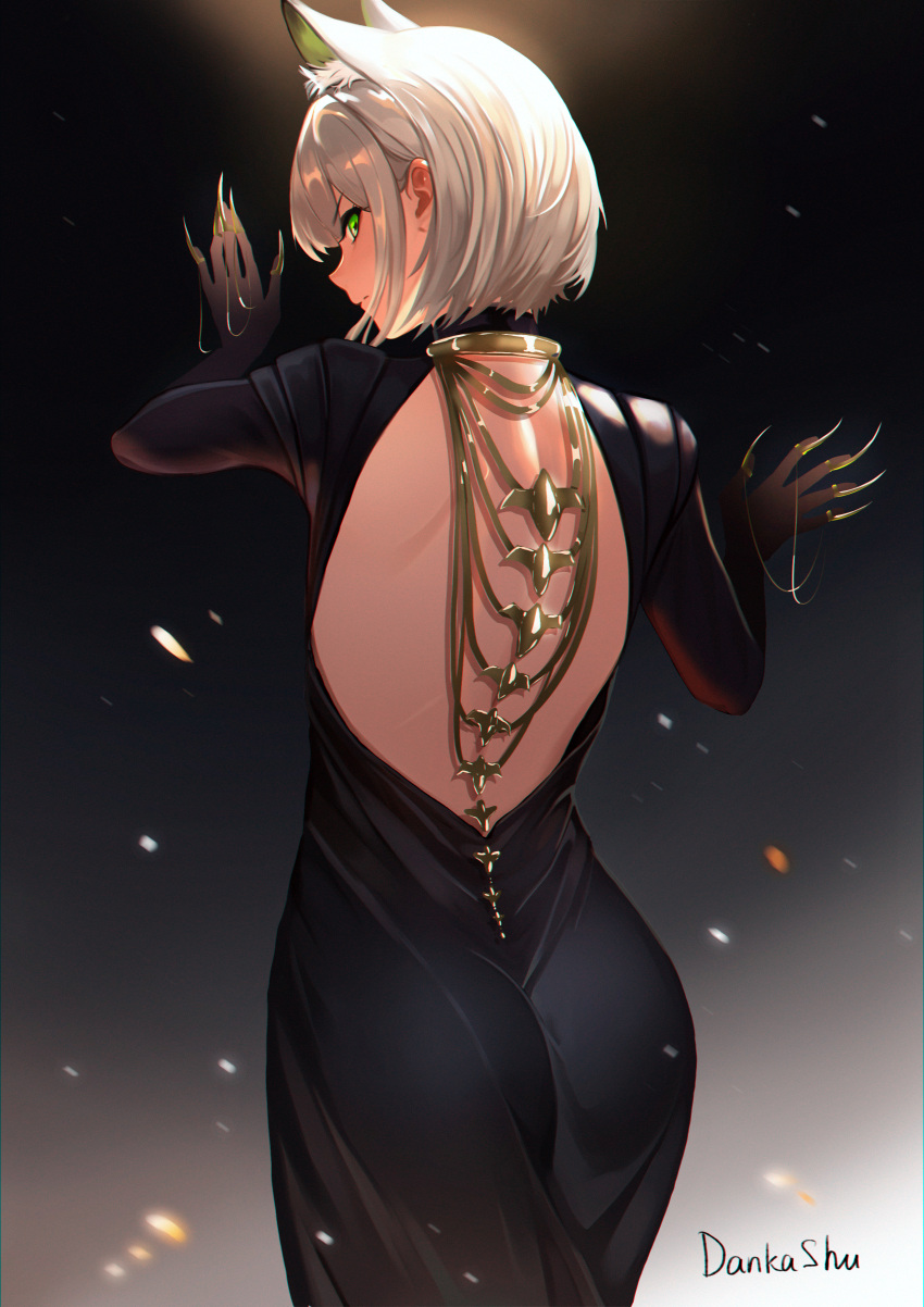 1girl absurdres ambience_synesthesia animal_ear_fluff animal_ears arknights backless_dress backless_outfit black_dress cat_ears claw_ring commentary cowboy_shot dankashu dress english_commentary extra_ears from_behind green_eyes green_hair highres jewelry kal'tsit_(arknights) looking_at_viewer looking_back medium_hair multiple_rings official_alternate_costume ring sideways_glance solo