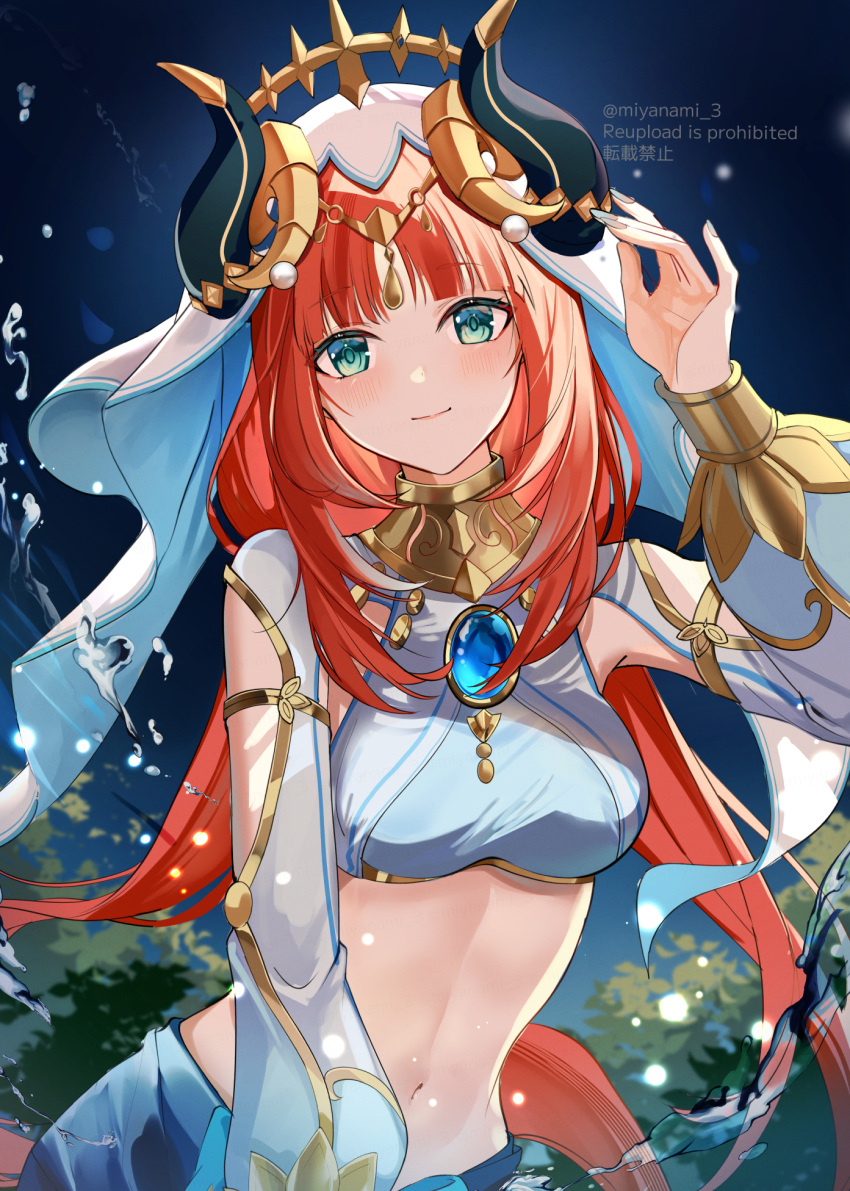 1girl blush breasts circlet closed_mouth crop_top detached_sleeves fake_horns genshin_impact harem_outfit highres horns jewelry long_hair looking_at_viewer medium_breasts midriff miyanami_3 navel nilou_(genshin_impact) red_hair smile solo stomach
