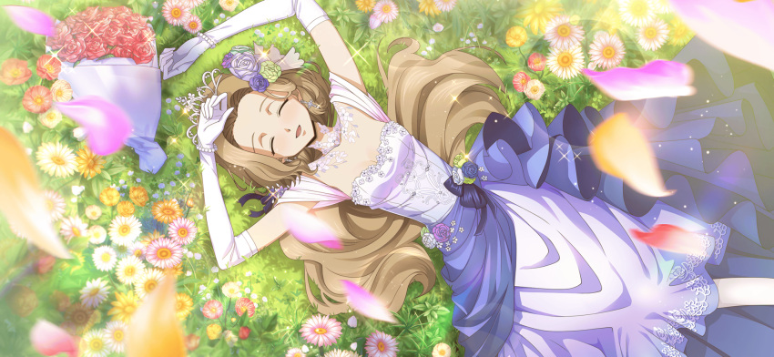 1girl ^_^ arms_up artist_request blue_flower blue_rose blurry blurry_foreground blush bouquet bracelet breasts bride brown_hair cleavage closed_eyes code_geass code_geass:_lost_stories collarbone dress dutch_angle earrings elbow_gloves facing_viewer falling_petals field floral_print flower flower_field forehead game_cg gloves grass green_flower green_rose hair_flower hair_intakes hair_ornament happy highres jewelry light_blush long_dress long_hair lying non-web_source nunnally_vi_britannia off-shoulder_dress off_shoulder official_art on_back on_ground open_mouth orange_flower petals pink_flower purple_flower purple_rose rose small_breasts smile solo straight-on wedding_dress white_dress white_flower white_gloves white_rose white_tiara yellow_flower yellow_rose