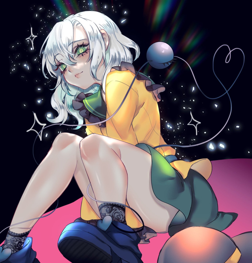 1girl arm_between_legs black_hat blue_footwear boots closed_mouth collared_shirt commentary_request frilled_shirt_collar frilled_sleeves frills full_body green_eyes green_skirt heart heart_of_string highres knees_up komeiji_koishi lace_socks long_hair long_sleeves neon_(co2co8) on_ground shirt sitting skirt solo sparkle third_eye touhou unworn_headwear white_hair yellow_shirt
